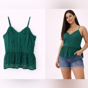 Japna Green Eyelet Lace Peplum Cami Size L Boho Cotton Top Adjustable Straps
